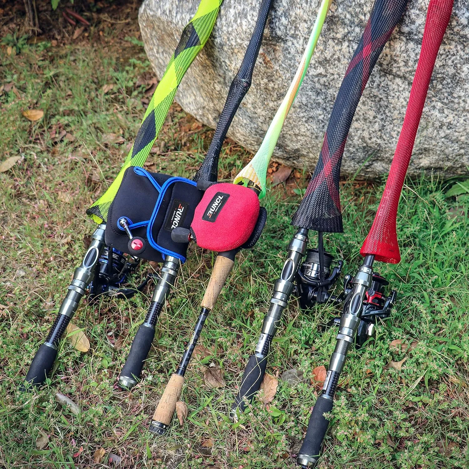 RUNCL Fishing Rod Sleeves & Reel Bags, Spinning/Casting Rod Socks & Spinning/Baitcasting Reel Covers - Protection Solution, Space Saver, Perfect Storage - Fishing Pole Sleeves & Reel Pouch (2 Pack)