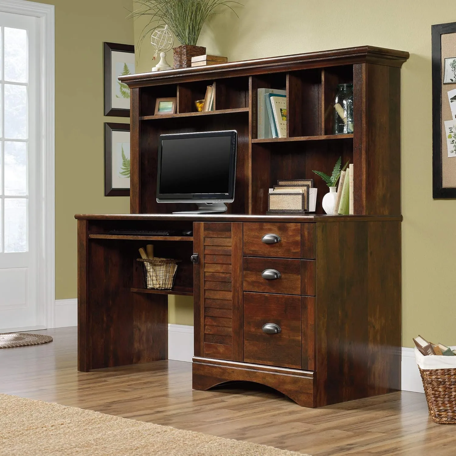 Sauder Harbor View Home Office Computer Desk with Hutch, Keyboard Tray, in Curado Cherry