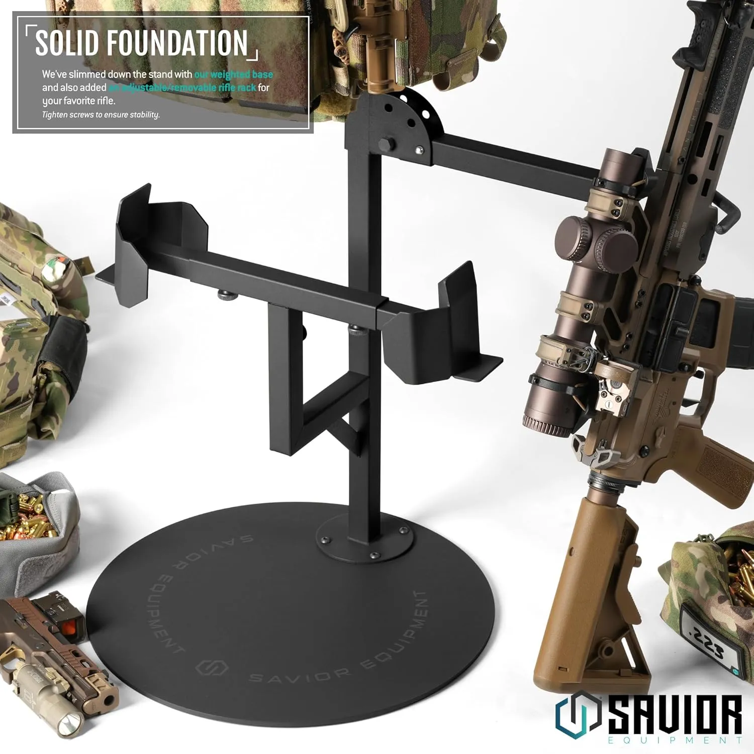 Savior Equipment H.A.B Tactical Gear Stand Helmet Vest Belt Display Rack, Military Gear Holder Plate Carrier Indoor Home Garage Free-Standing Organizer, Heavy Duty Steel Construction Hold Up To 70 lbs