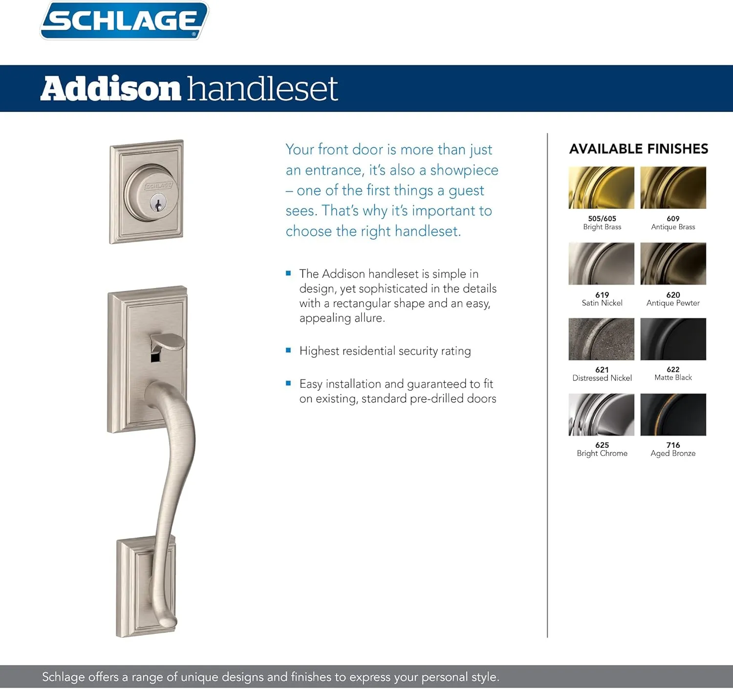 Schlage F60 ADD 622 ACC LH Plymouth Front Entry Handleset with Left-Handed Accent Lever, Deadbolt Keyed 1 Side, Matte Black