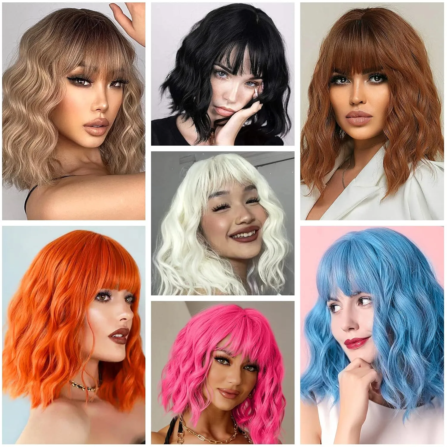 Short Blue Wavy Bob Wigs with Bangs for Women Loose Light Blue Wig Synthetic Shoulder Length Cosplay Wig for Girl Colorful Costume Wigs