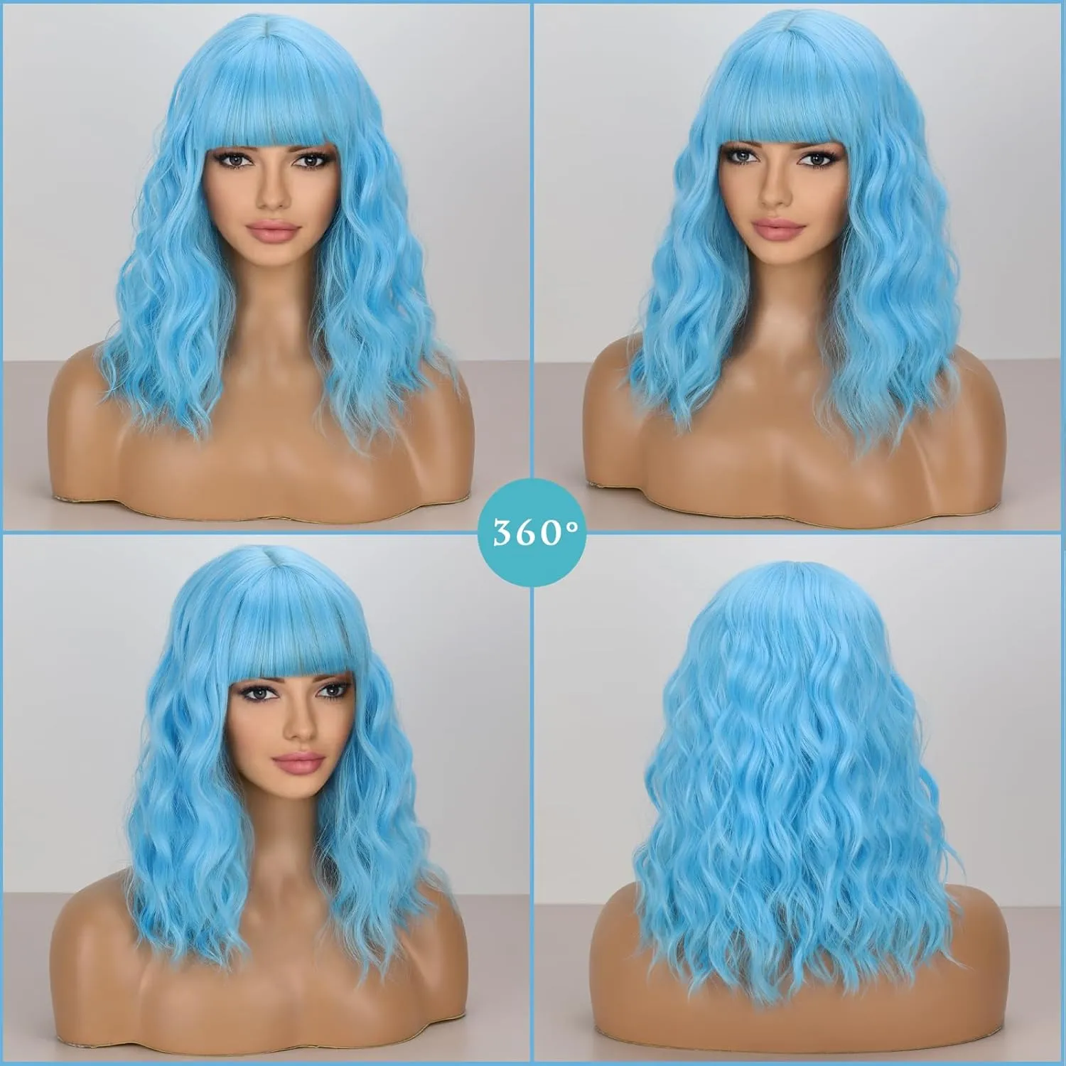Short Blue Wavy Bob Wigs with Bangs for Women Loose Light Blue Wig Synthetic Shoulder Length Cosplay Wig for Girl Colorful Costume Wigs