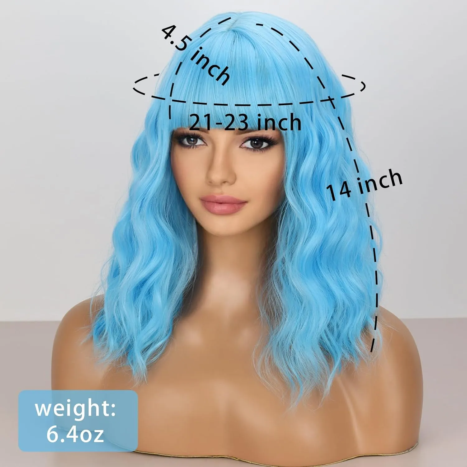 Short Blue Wavy Bob Wigs with Bangs for Women Loose Light Blue Wig Synthetic Shoulder Length Cosplay Wig for Girl Colorful Costume Wigs