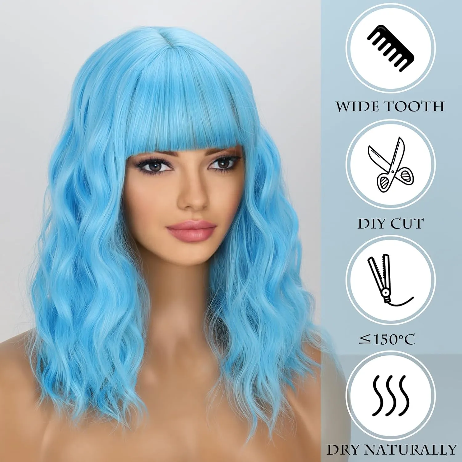 Short Blue Wavy Bob Wigs with Bangs for Women Loose Light Blue Wig Synthetic Shoulder Length Cosplay Wig for Girl Colorful Costume Wigs