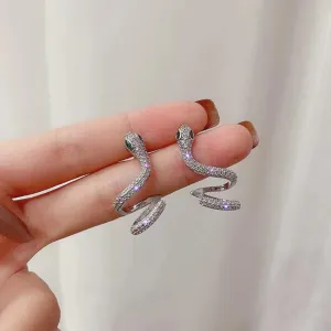 Silver White Gold Adjustable Snake Wrap Green Enamel Earring For Woman
