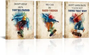 Skateboard Sport Canvas Wall Art Inspirational Quotes Watercolor Print Poster Wall Art Boys Room Decor Canvas Framed for Bedroom Living Room Wall Decoration