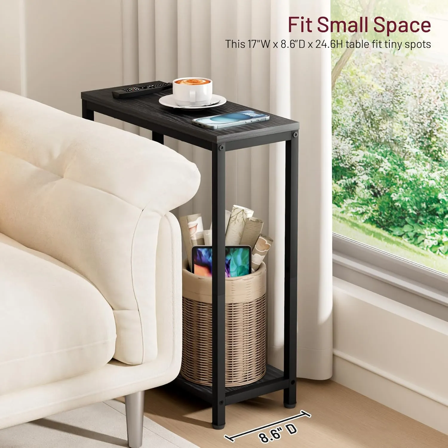 SLEEPING LAMB Narrow Small Side Table for Small Space, 2 Tier Sofa Skinny End Table for Living Room, Bedroom Beside Slim Nightstand, Rustic Black