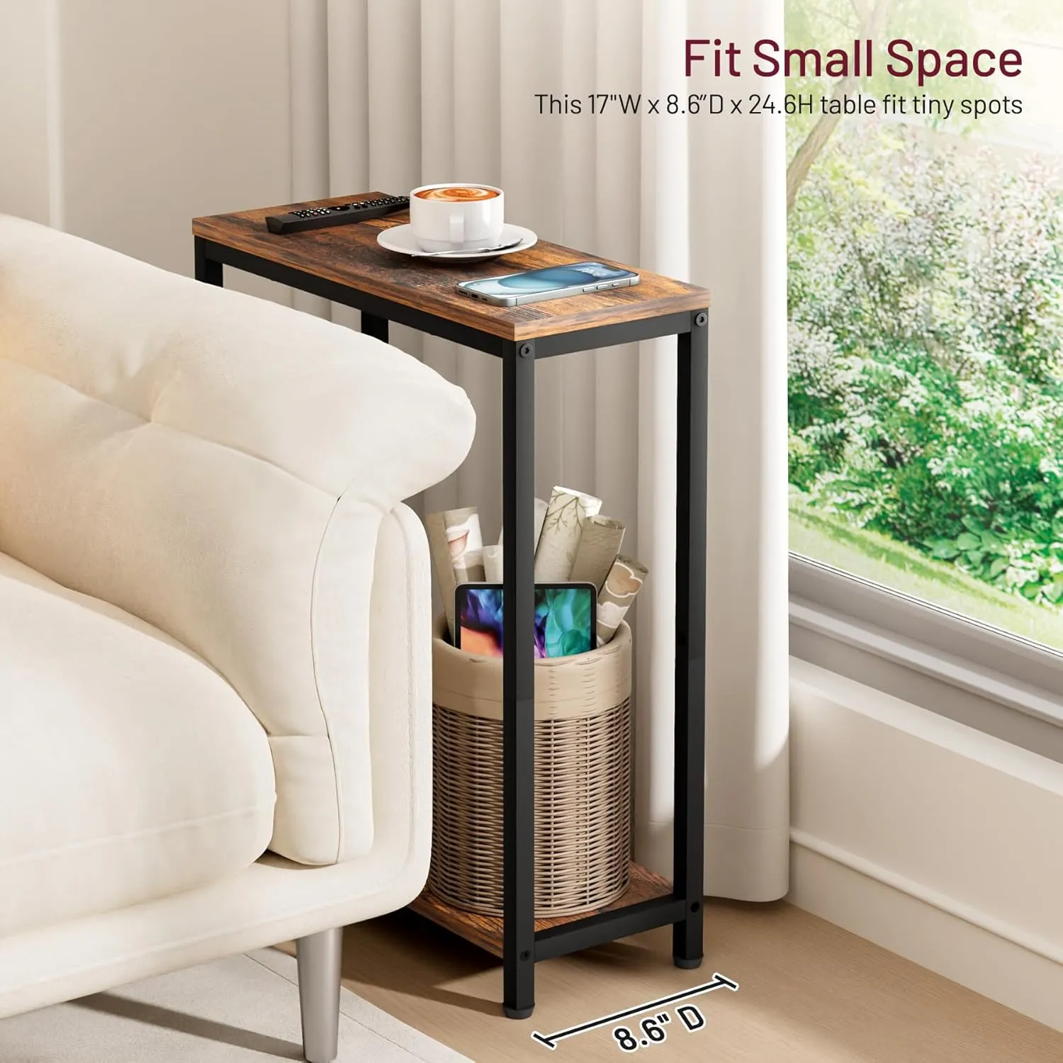 SLEEPING LAMB Narrow Small Side Table for Small Space, 2 Tier Sofa Skinny End Table for Living Room, Bedroom Beside Slim Nightstand, Rustic Brown and Classic Black