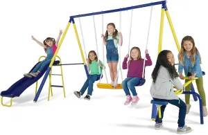 Sportspower Palmview Metal Swing Set with Teeter-Totter, Standing Swing, 5' Slide, Bonus Anchor Kit, Great for Kids Aged 3-8