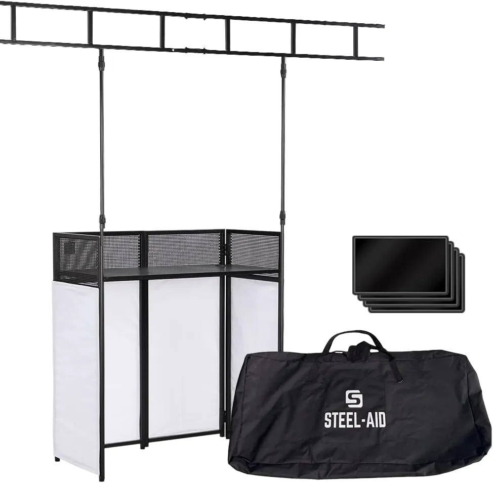 STEEL-AID Foldable, Portable DJ Controller Studio Booth With I-Beam Light Truss System & Carry Case - Professional DJ Tabletop Stand with Black & White Panels for Recording Sound Equipment & Lights
