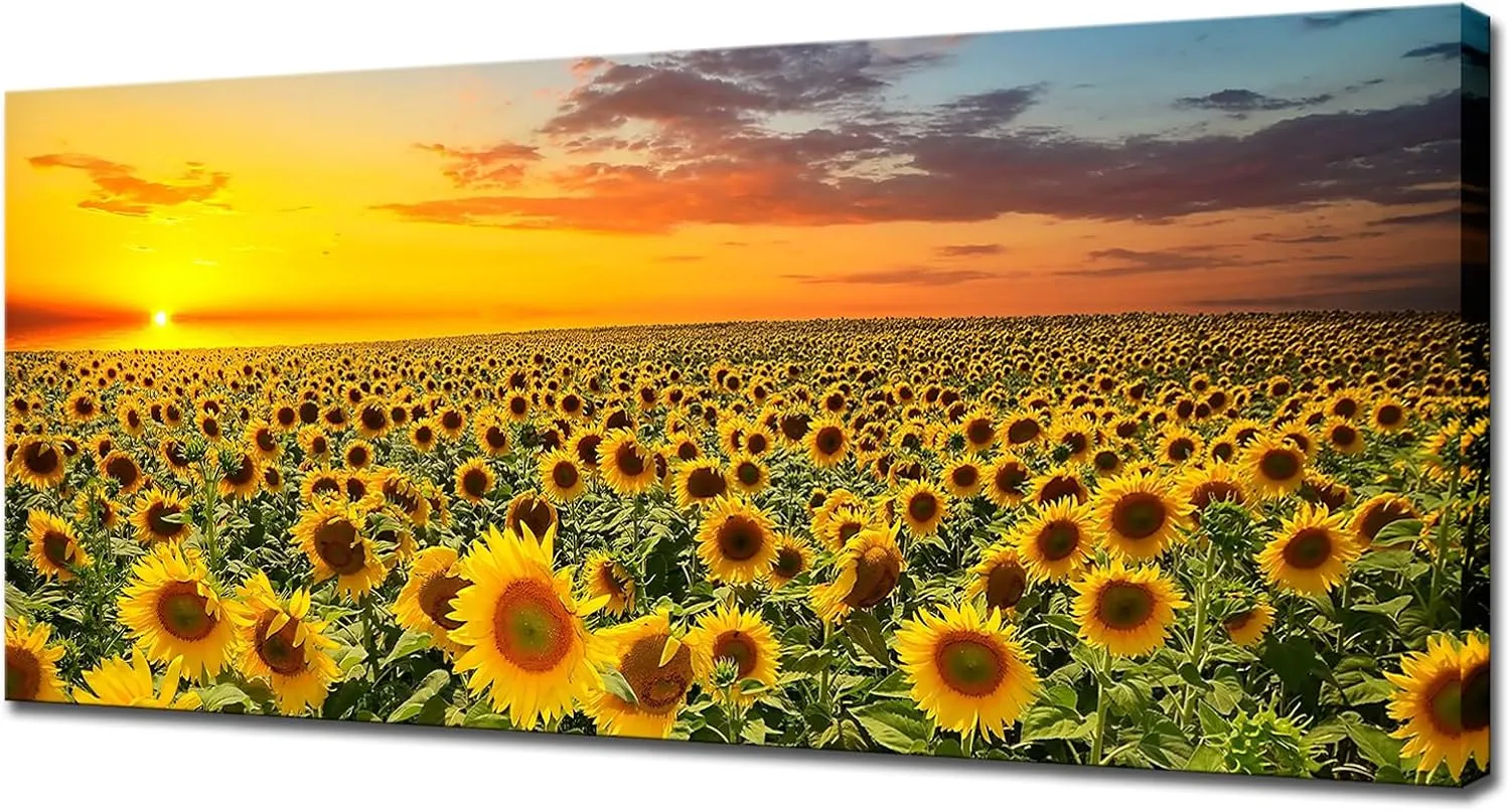 Sunflower Canvas Wall Art Brilliant Sunflower with Sunset Landscape Picture Painting Printed on Canvas Framed and Stretched Floral Wall Decor for Home Living Room Bedroom Office Kitchen Wall Decoration 20"x48" Ready to Hang