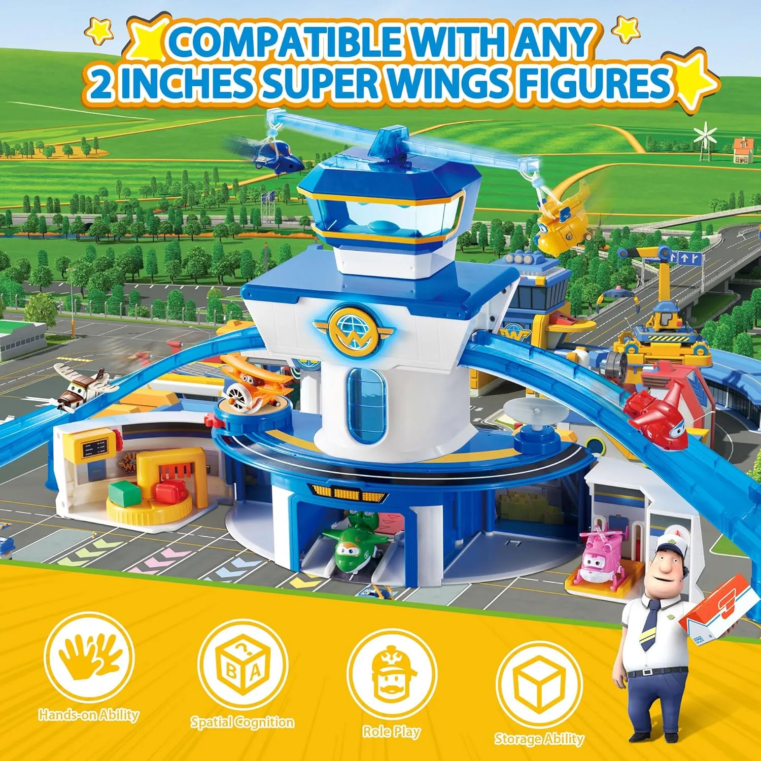 Super Wings World Airport Playset, Includes 2" Transform-a-Bot Jett and Donnie Figures , Preschool Educational Learning Toys for Boys and Girls Age 3 4 5 6, Birthday Gifts for Kids