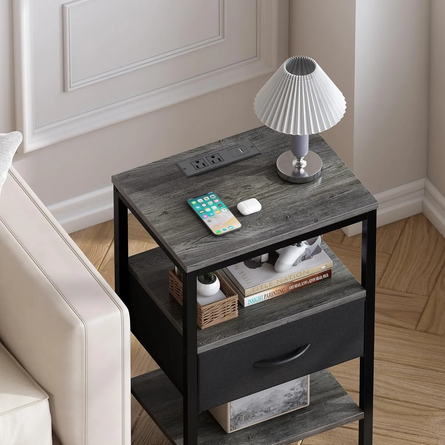 SUPERJARE Nightstand with Charging Station, Bed Side Table with Adjustable Fabric Drawer, Night Stand for Bedroom, 3-Tier Storage End Table, for Living Room, Charcoal Gray