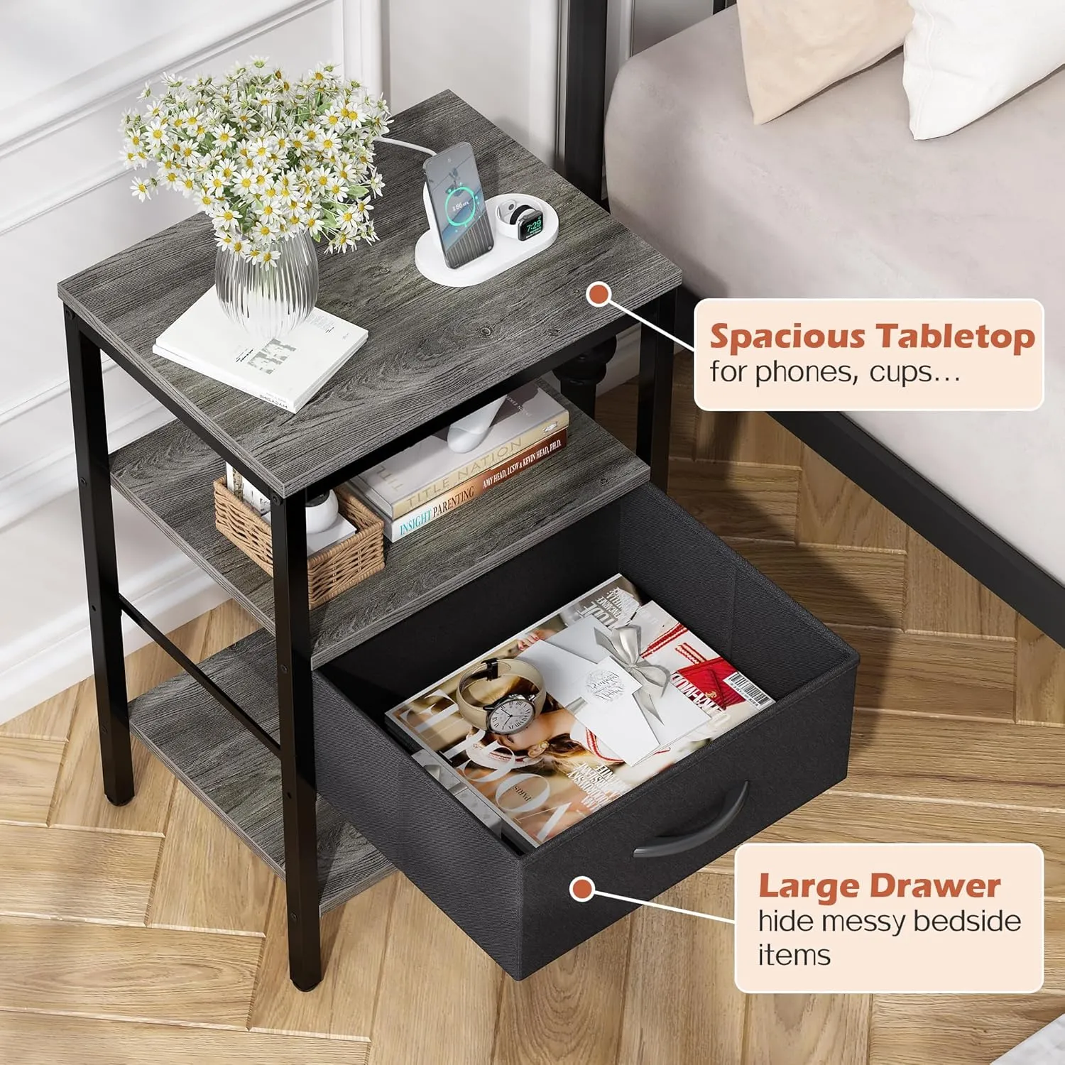 SUPERJARE Nightstand with Charging Station, Bed Side Table with Adjustable Fabric Drawer, Night Stand for Bedroom, 3-Tier Storage End Table, for Living Room, Charcoal Gray