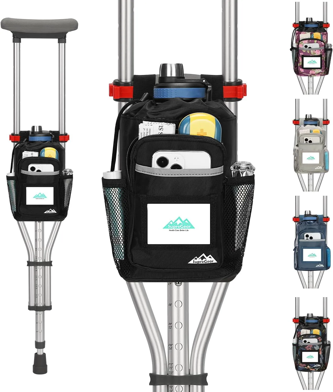 supregear Crutch Accessories Bag, Water-Resistant Storage Pouch with Cup Holder and Multiple Pockets, Large Capacity Organizer for Underarm Crutches, Black