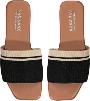 SweatyRocks Women's Striped Color Block Flat Sandals Square Open Toe Leather Slide Sandal