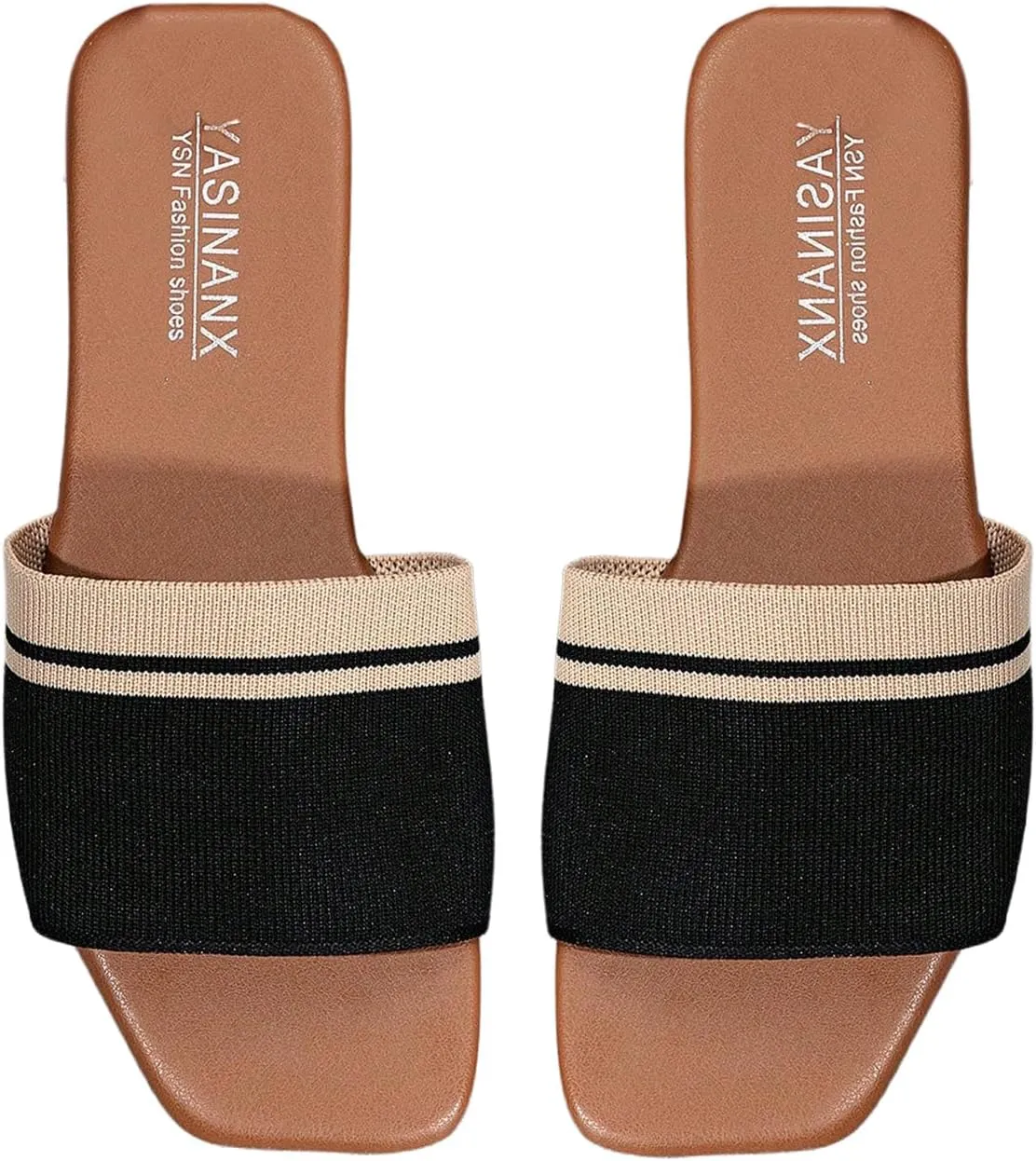 SweatyRocks Women's Striped Color Block Flat Sandals Square Open Toe Leather Slide Sandal