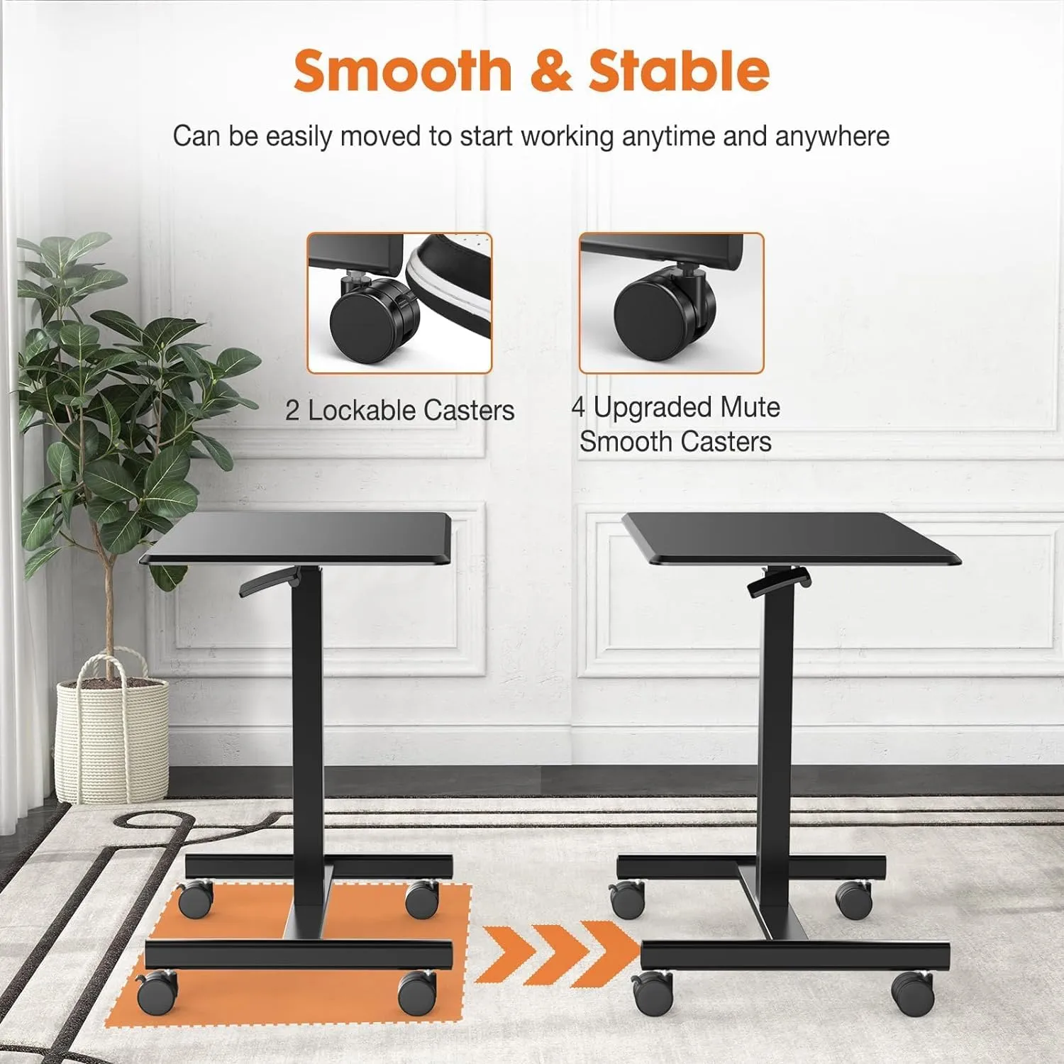Sweetcrispy Small Mobile Rolling Standing Desk - Overbed Table, Teacher Podium with Wheels, Adjustable Work Table, Rolling Desk Laptop Computer Cart for Home, Office, Classroom, Black