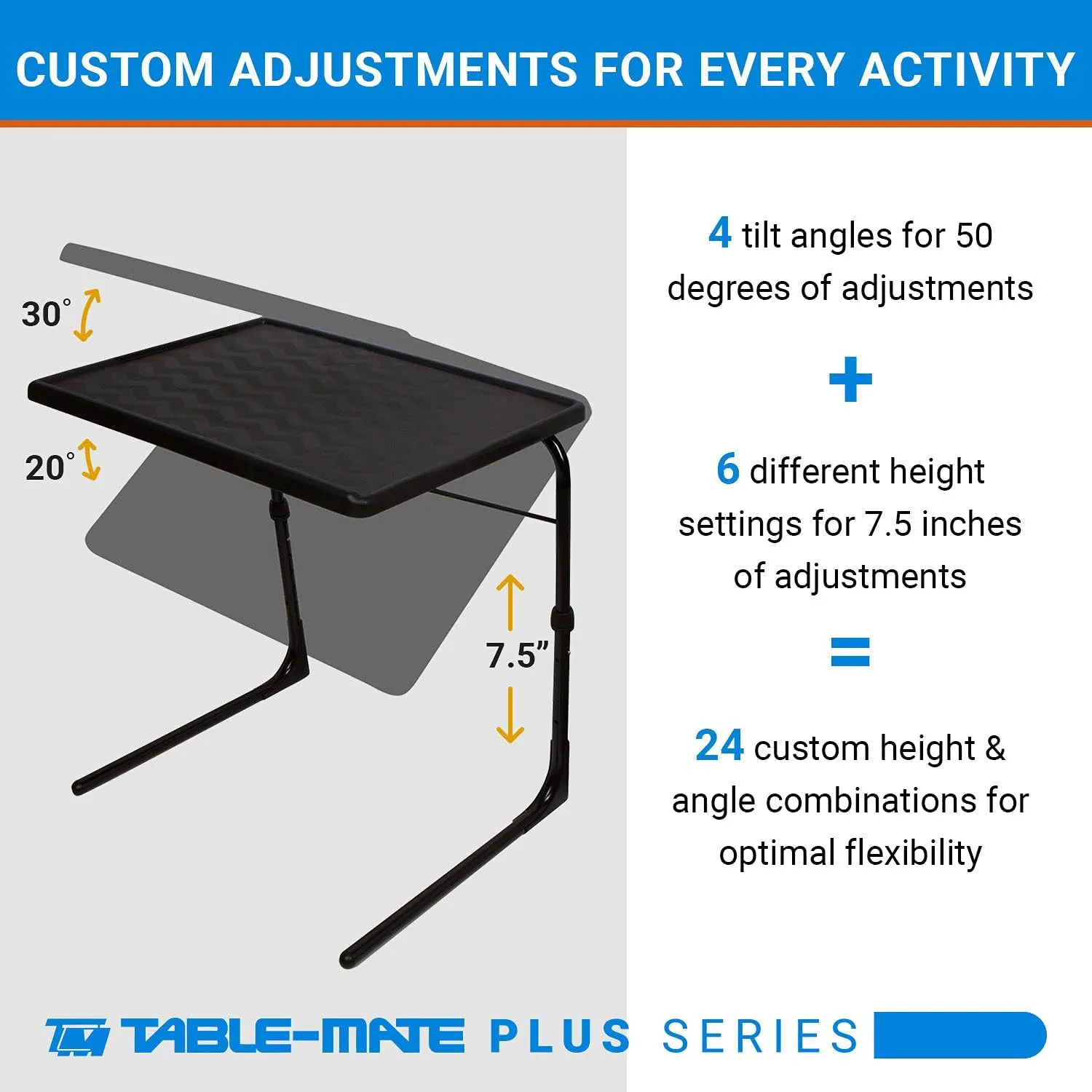 Table-Mate XL Plus TV Tray Table - Folding TV Dinner Table, Couch Table Trays for Eating Snack Food, Stowaway Laptop Stand, Portable Bed Dinner Tray - Adjustable TV Tables with 4 Set Angles, Black