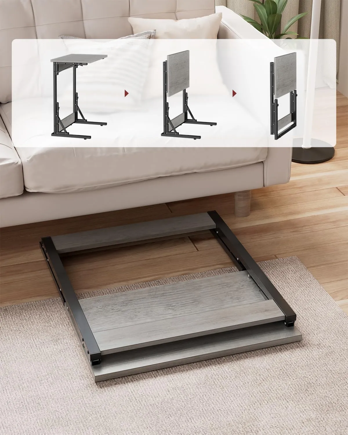 Tatub 24" Wide Folding C-Shaped End Table, Small Side Desk for Couch, Sofa TV Tray Table with Metal Frame for Living Room, Bedroom, Ivory White