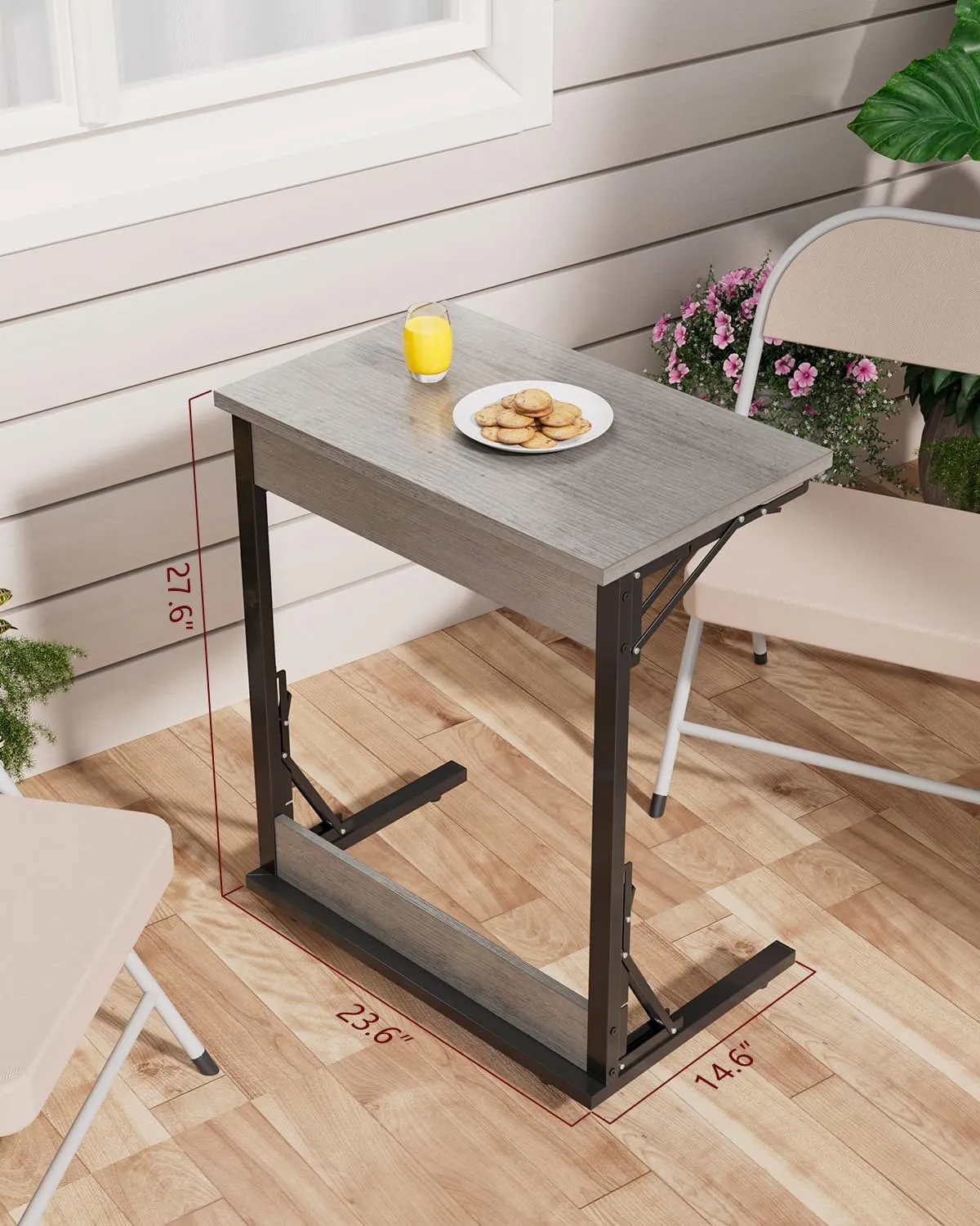 Tatub 24" Wide Folding C-Shaped End Table, Small Side Desk for Couch, Sofa TV Tray Table with Metal Frame for Living Room, Bedroom, Ivory White