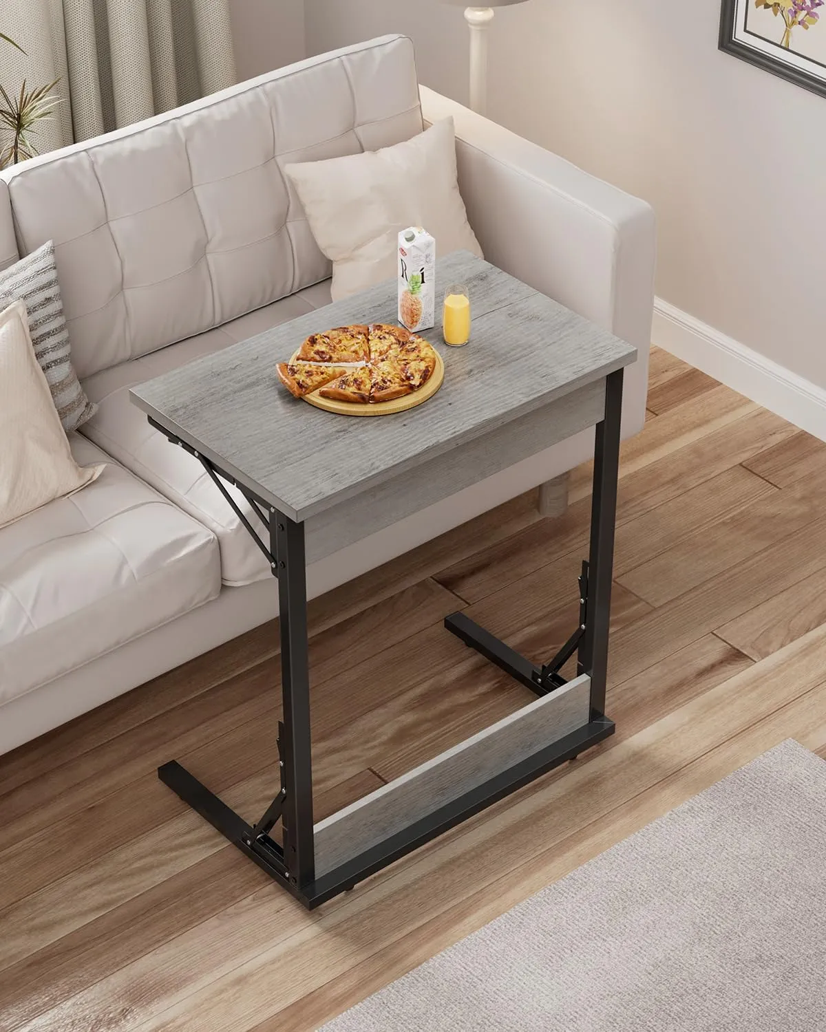 Tatub 24" Wide Folding C-Shaped End Table, Small Side Desk for Couch, Sofa TV Tray Table with Metal Frame for Living Room, Bedroom, Ivory White