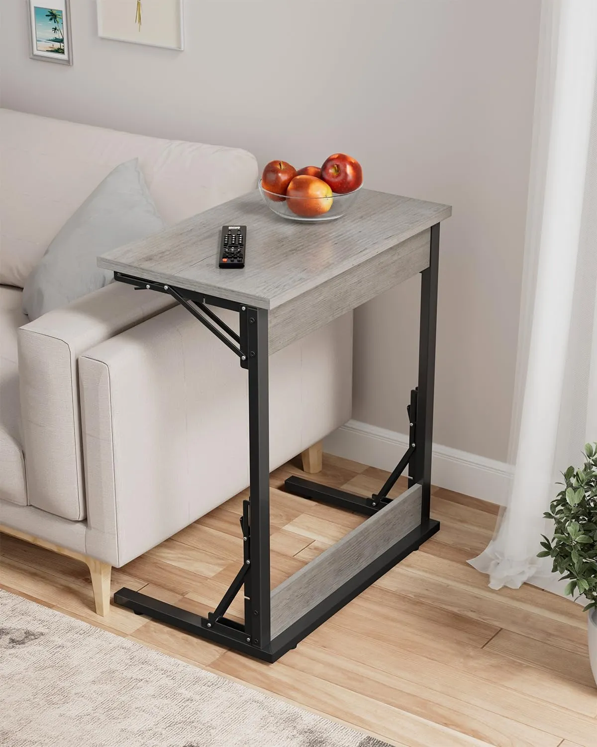 Tatub 24" Wide Folding C-Shaped End Table, Small Side Desk for Couch, Sofa TV Tray Table with Metal Frame for Living Room, Bedroom, Ivory White