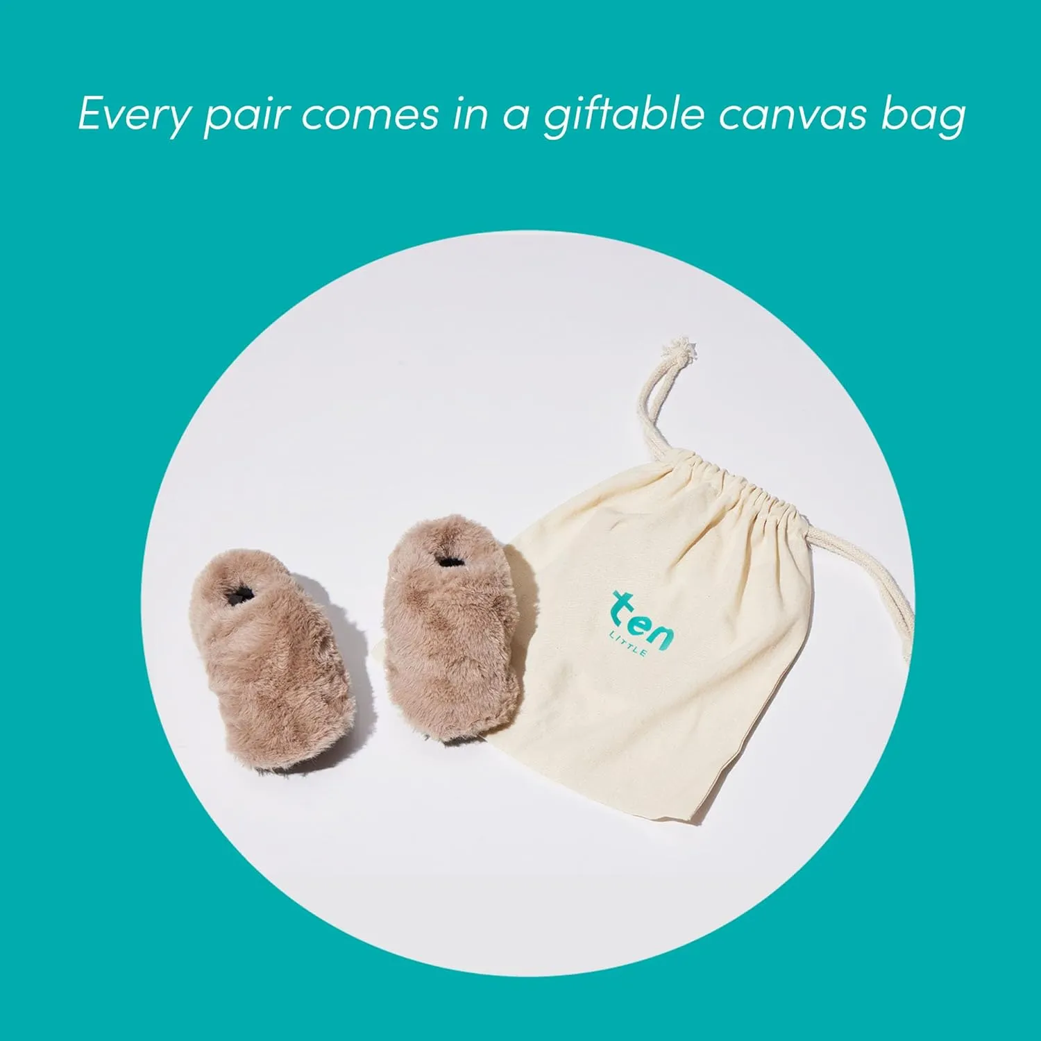 Ten Little Kids Cozy Slippers for Toddler Boys & Girls, Faux-Fur with Warm Fleece Lining, Canvas Gift Bag, Non-Slip Cushioned Bottom, Brown