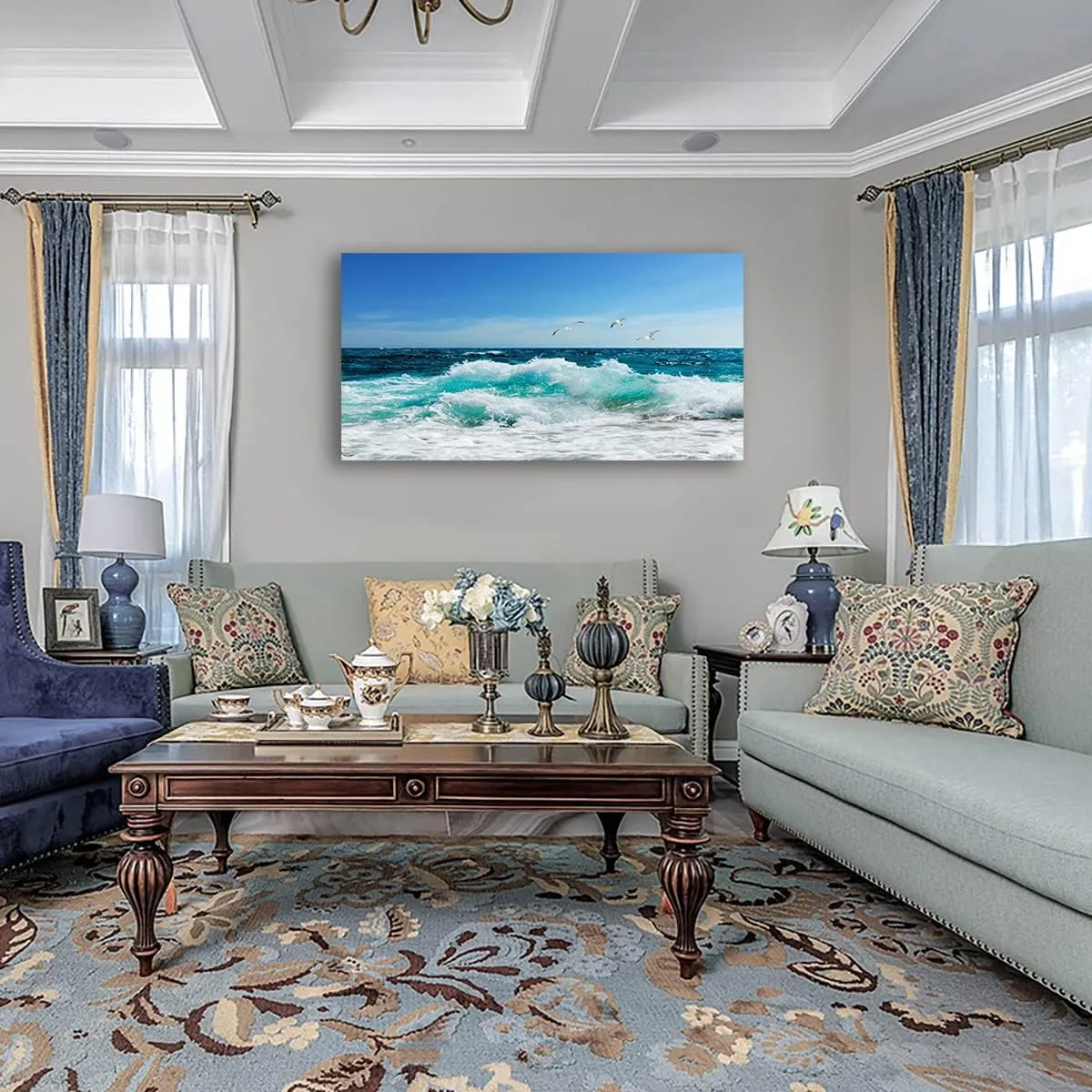 tigeridge Sea Beach Canvas Wall Art for Living Room Wall Decor Ocean Waves Canvas Pictures Blue Surfing Water Seagull Canvas Prints Artwork Office Home Wall Decorations Framed Ready to Hang 24" x 48"