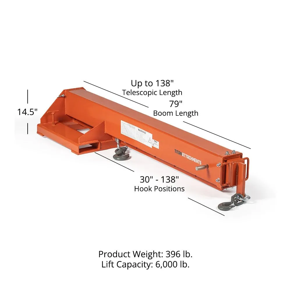 Titan Attachments Fork Mounted Adjustable Hoist Jib Boom Crane Attachment, Manual Telescoping Boom Extends Up to 138", 6,000 LB Lift Capacity, Two Swivel Hooks, Adjustable Hook Points