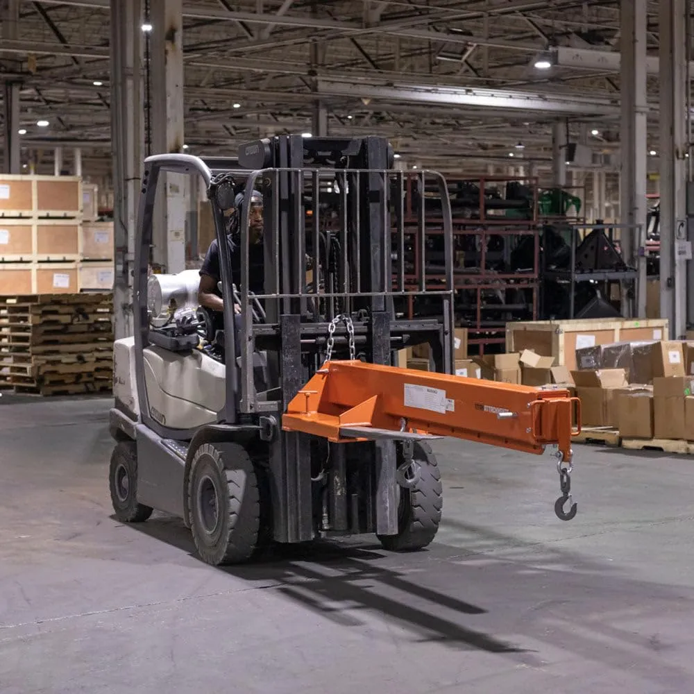 Titan Attachments Fork Mounted Adjustable Hoist Jib Boom Crane Attachment, Manual Telescoping Boom Extends Up to 138", 6,000 LB Lift Capacity, Two Swivel Hooks, Adjustable Hook Points