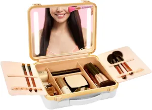 Travel Makeup Case With Led Mirror Makeup Bag Cosmetic Case Organizer Adjustable Brightness Portable Makeup Storage Box for Travel and Home Makeup Use (White)