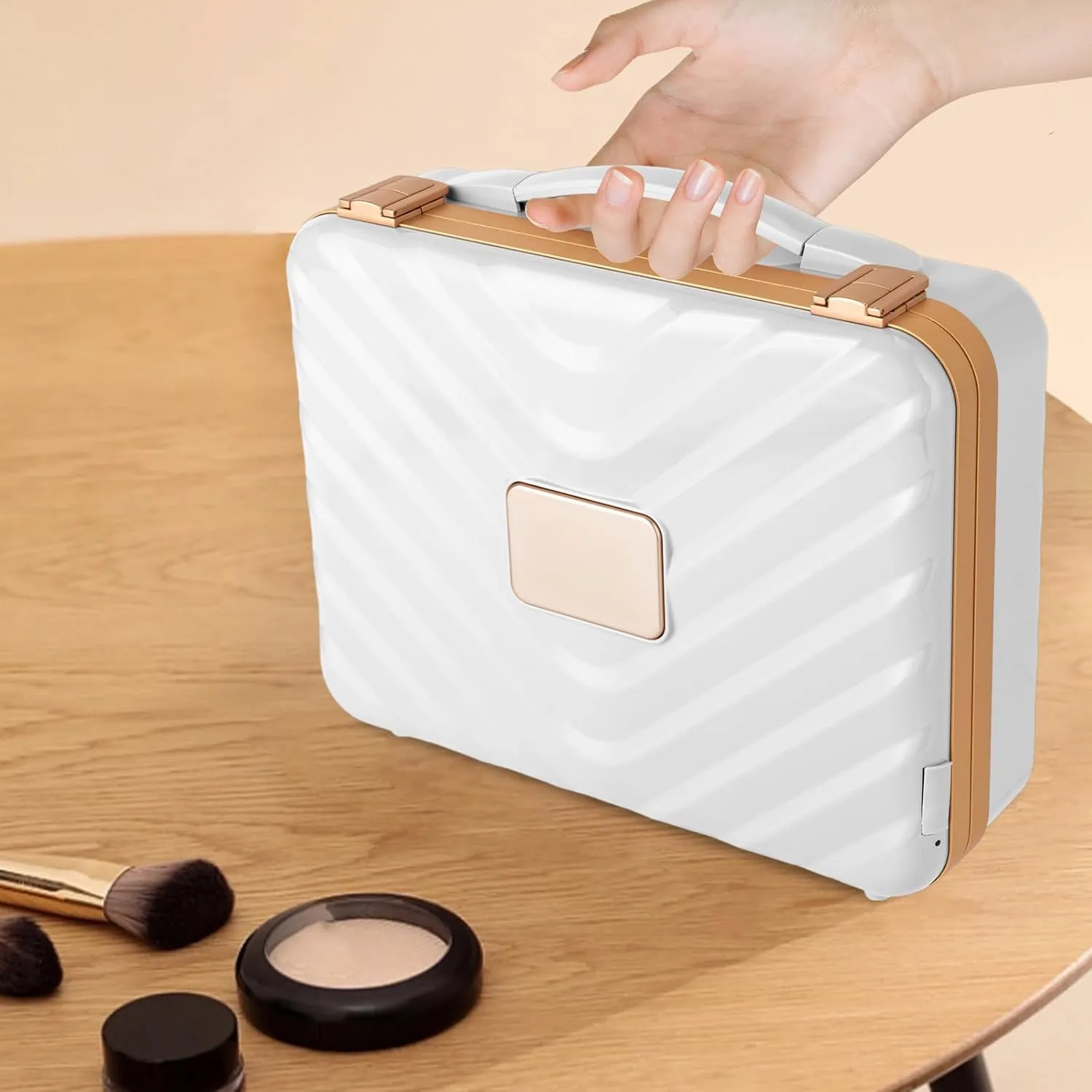 Travel Makeup Case With Led Mirror Makeup Bag Cosmetic Case Organizer Adjustable Brightness Portable Makeup Storage Box for Travel and Home Makeup Use (White)