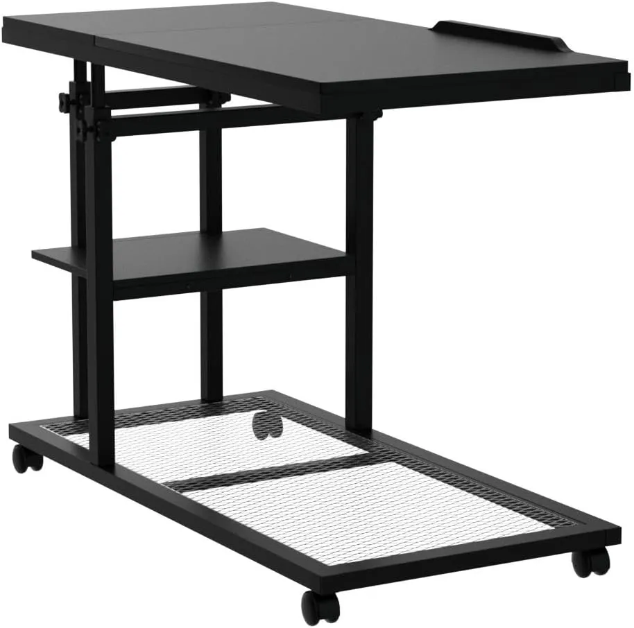 Tribesigns Height Adjustable C Table with Wheels, Mobile Couch Snack Side Table with Tiltable Drawing Board, Sofa Bedside Laptop Stand C Shaped TV Tray with Storage Shelves (Black)