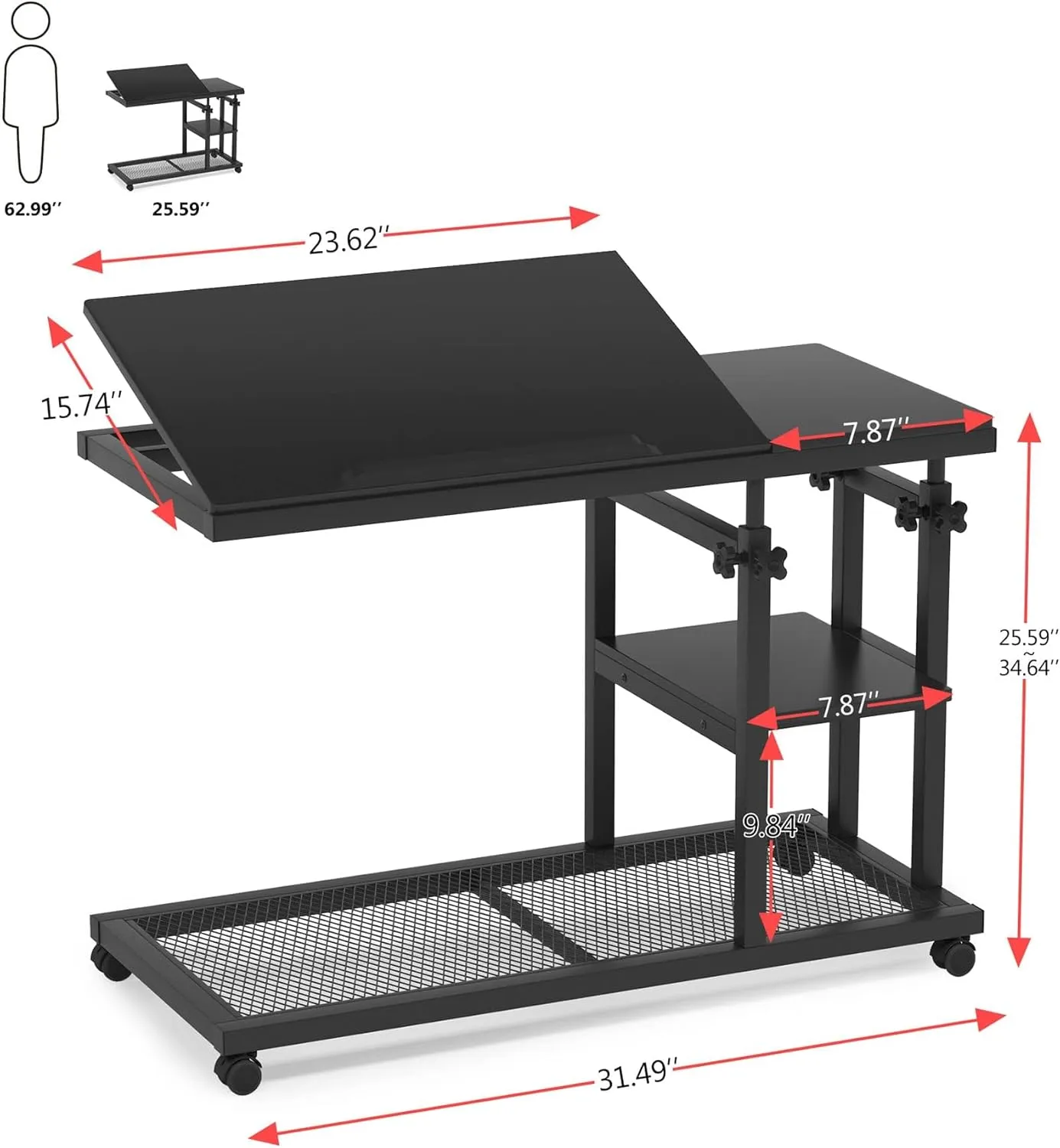 Tribesigns Height Adjustable C Table with Wheels, Mobile Couch Snack Side Table with Tiltable Drawing Board, Sofa Bedside Laptop Stand C Shaped TV Tray with Storage Shelves (Black)