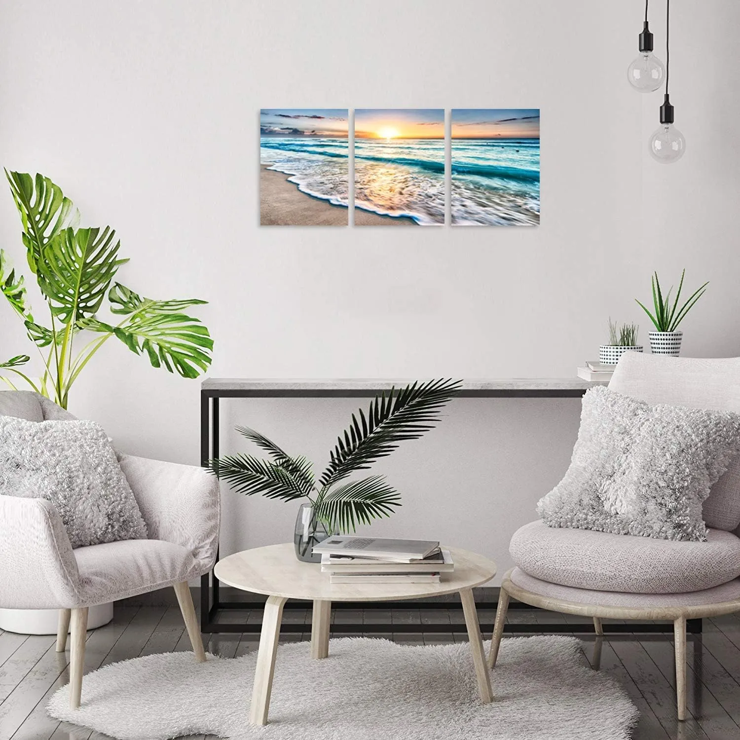 TutuBeer 3 Panel Beach Canvas Wall Art for Home Decor Blue Sea Sunset White Beach Painting the Picture Print on Canvas Seascape the Pictures for Home Decor Decoration,Ready to Hang