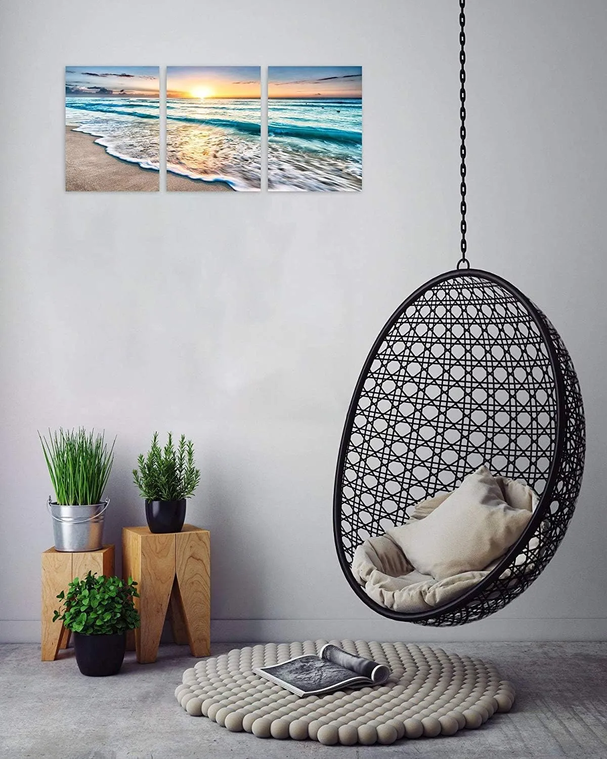 TutuBeer 3 Panel Beach Canvas Wall Art for Home Decor Blue Sea Sunset White Beach Painting the Picture Print on Canvas Seascape the Pictures for Home Decor Decoration,Ready to Hang
