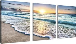 TutuBeer 3 Panel Beach Canvas Wall Art for Home Decor Blue Sea Sunset White Beach Painting the Picture Print on Canvas Seascape the Pictures for Home Decor Decoration,Ready to Hang