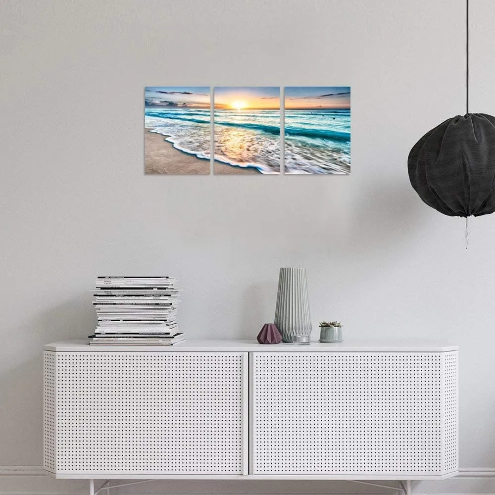 TutuBeer 3 Panel Beach Canvas Wall Art for Home Decor Blue Sea Sunset White Beach Painting the Picture Print on Canvas Seascape the Pictures for Home Decor Decoration,Ready to Hang