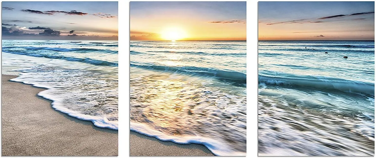 TutuBeer 3 Panel Beach Canvas Wall Art for Home Decor Blue Sea Sunset White Beach Painting the Picture Print on Canvas Seascape the Pictures for Home Decor Decoration,Ready to Hang