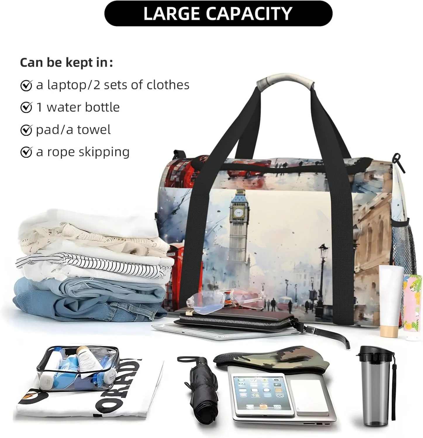 Uk London Painting Travel Duffel Bag with Strap Multi Pockets Sports Bag Handbag Large Shoulder Bag for Gym Weekend Fitness Camping