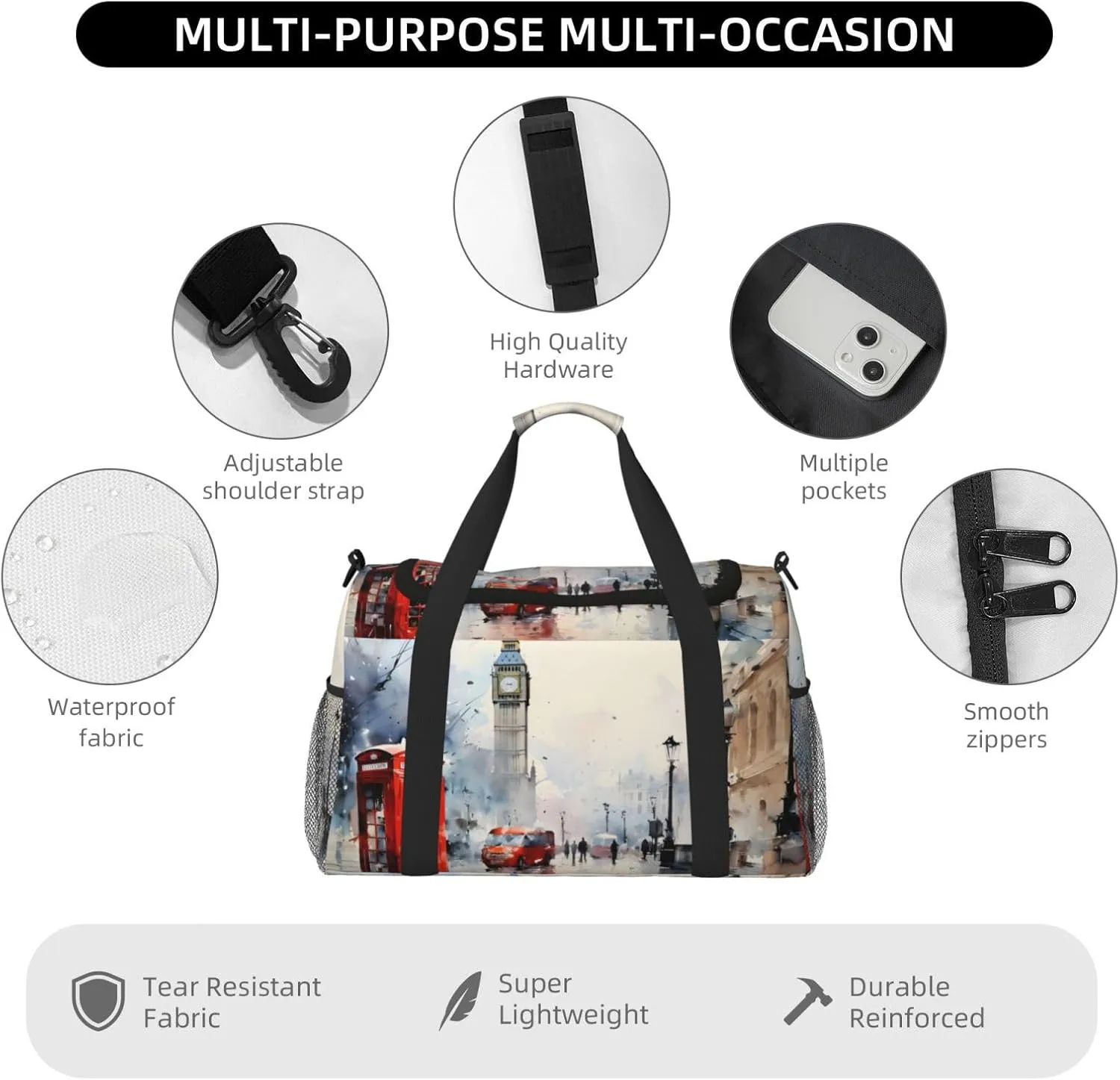 Uk London Painting Travel Duffel Bag with Strap Multi Pockets Sports Bag Handbag Large Shoulder Bag for Gym Weekend Fitness Camping
