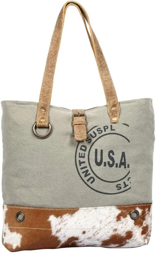 USA Stamp Upcycled Canvas and Hair-On Leather Tote Bag