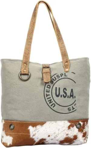 USA Stamp Upcycled Canvas and Hair-On Leather Tote Bag