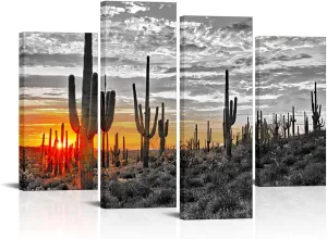 VANSEEING 4 Piece Canvas Wall Art Amazing Sunset in Arizona Sonoran Desert Natural Landscape Painting Saguaro Cactus Pictures Canvas Print Southwest Decor for Home Living Room Bedroom