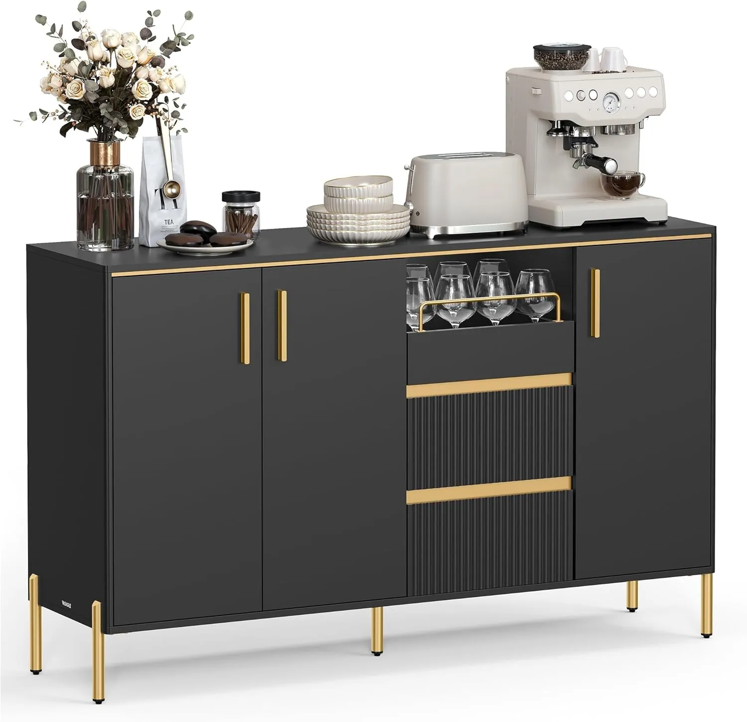 VASAGLE Buffet Cabinet with Storage, Fluted Sideboard Storage Cabinet, Kitchen Cabinet with Drawers, Adjustable Shelf, for Living Room, Modern, Ink Black UBBC691B01
