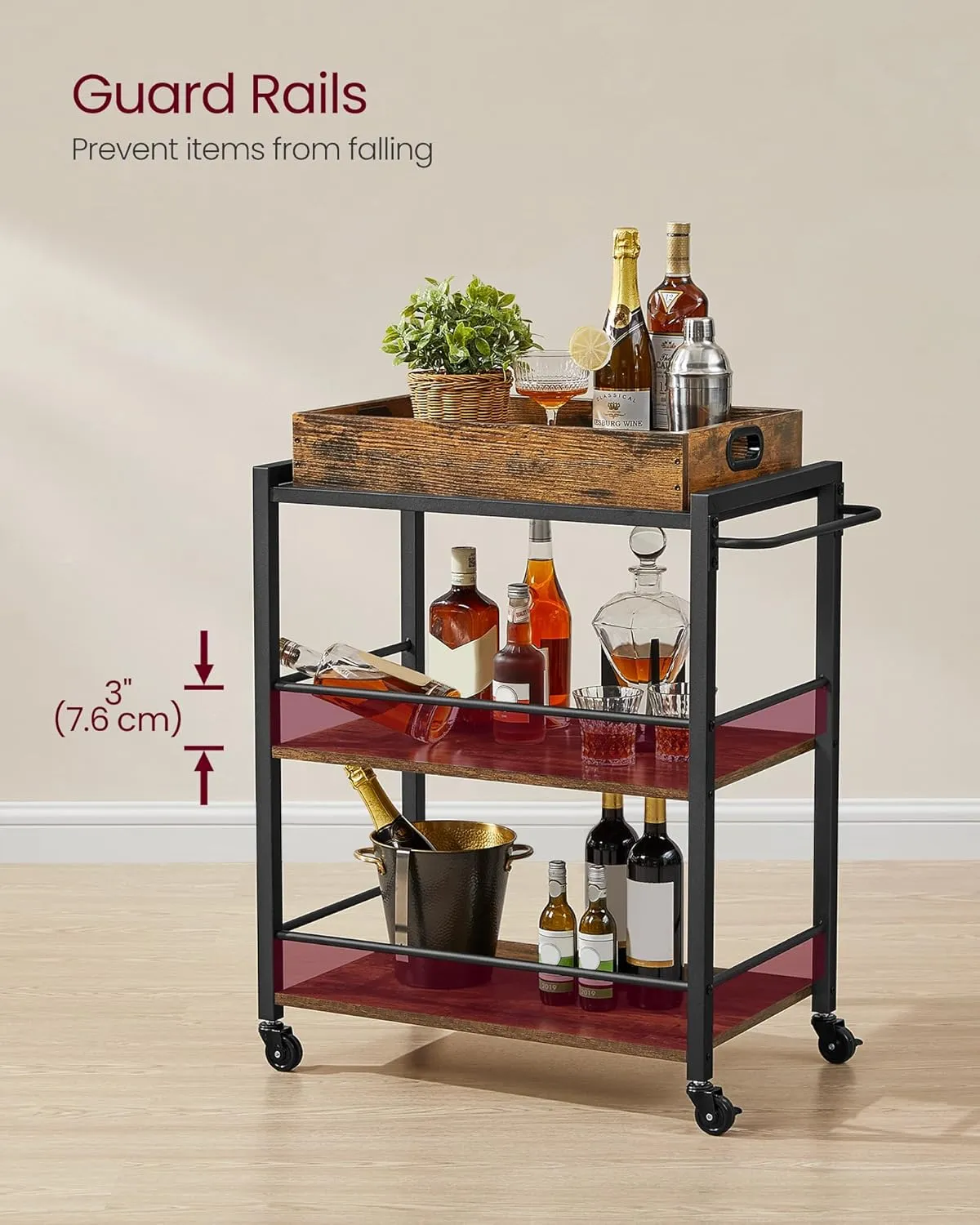 VASAGLE Kitchen Serving Cart with Removable Tray, 3-Tier Kitchen Utility Cart on Wheels with Storage, with Brakes, Leveling Feet, 15.7 x 28.3 x 33.9 Inches, Rustic Brown and Black ULRC72X