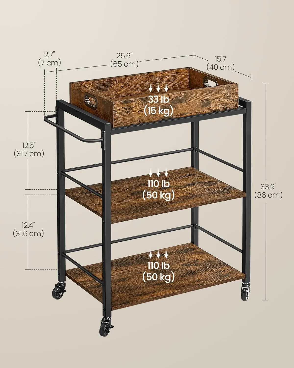 VASAGLE Kitchen Serving Cart with Removable Tray, 3-Tier Kitchen Utility Cart on Wheels with Storage, with Brakes, Leveling Feet, 15.7 x 28.3 x 33.9 Inches, Rustic Brown and Black ULRC72X