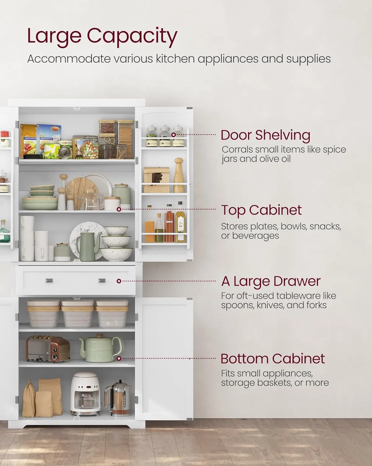 VASAGLE Pantry Cabinet, 71.7-Inch High Freestanding Tall Cupboard Storage Cabinet with a Drawer, 2 Cabinets, 4 Adjustable Shelves, 6 Door Shelves, for Living Room, Kitchen, White UBBC561P31V2