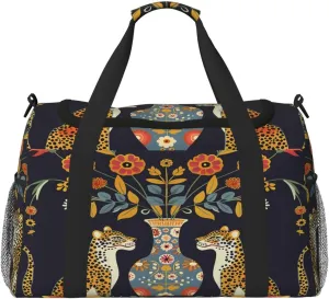Vintage Leopard Floral Travel Duffel Bag with Strap Multi Pockets Sports Bag Handbag Large Shoulder Bag for Gym Weekend Fitness Camping